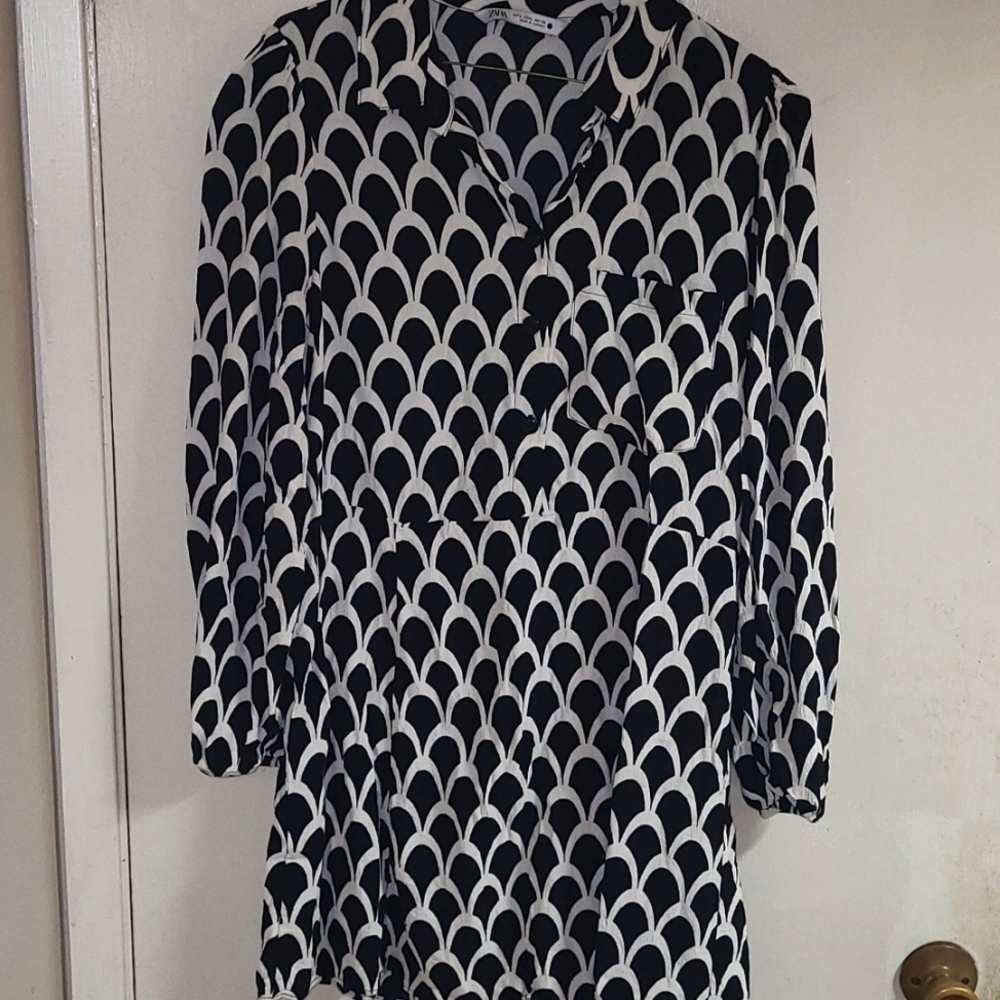 Zara Women's Printed Lapel Collar Dress Black/White